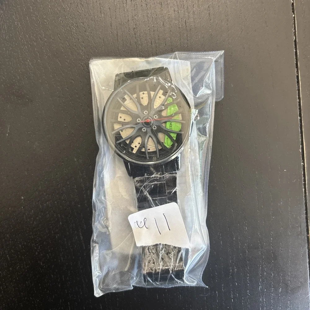 Mens Watch Round Wheel Green Brake Caliper And Rotor Shape Stainless Wristwatch